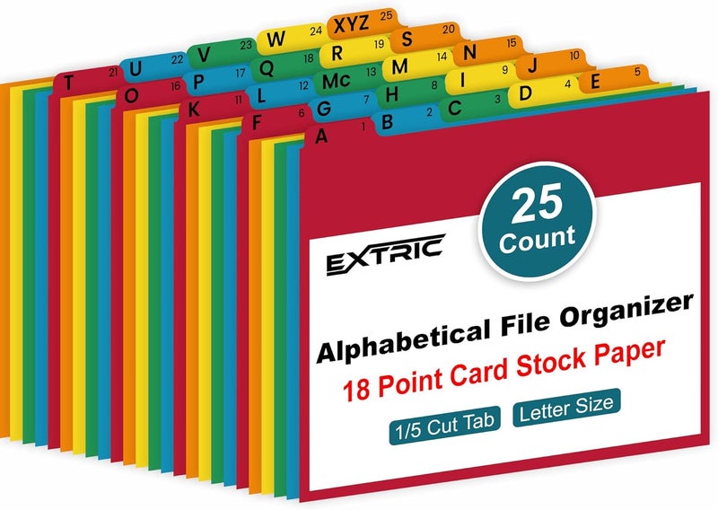 EXTRIC Alphabetical File Organizer, 25 Alphabet Dividers with Tabs for File Cabinet and Desk Organization Standard Letter Size A-Z Filing Dividers, 5 Assorted Colors with 1/5 Cut Tab Positions - Image 1